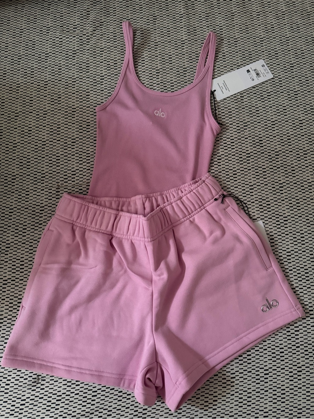 ALO Yoga Pink Ribbed Tank with Matching Pink Athletic Shorts